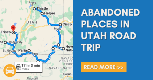 Map highlighting a road trip route to abandoned places in Utah, with travel time and distance noted.