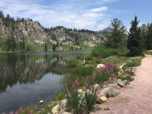 A serene lake surrounded by mountains, with wildflowers in bloom and a child standing by the water's edge.