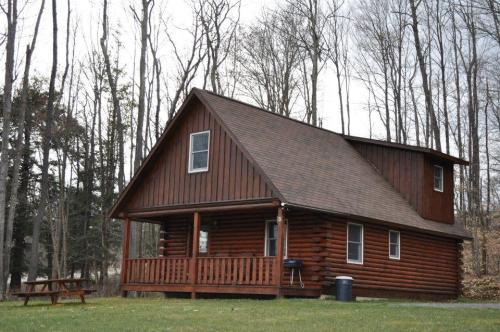 A rustic log cabin with a sloped roof, surrounded by trees and a grassy area, featuring a porch and picnic table.