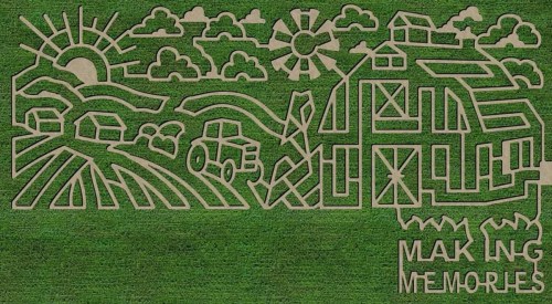 A farm scene with a barn, tractor, fields, and clouds, featuring the text "MAK ING MEMORIES" in a playful design.