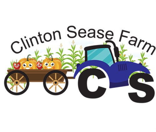 Logo of Clinton Sease Farm featuring a blue tractor and a cart with smiling pumpkins and vegetables.