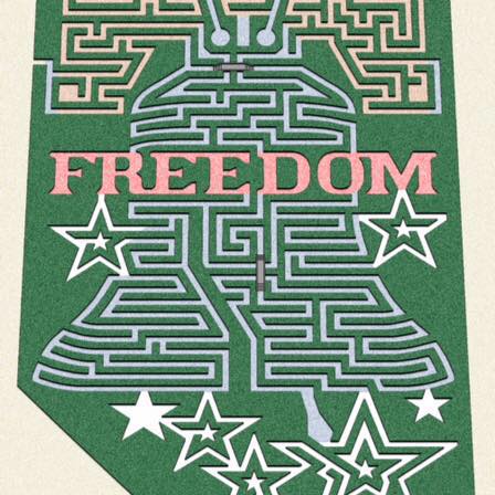 A maze shaped like a bell with the word "FREEDOM" and stars, set against a green background.