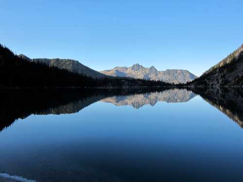 A serene lake reflecting mountains and a clear blue sky, surrounded by evergreen trees.