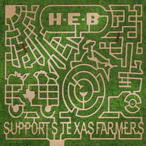 A maze design featuring the H-E-B logo and the phrase "Supports Texas Farmers" on a grassy background.