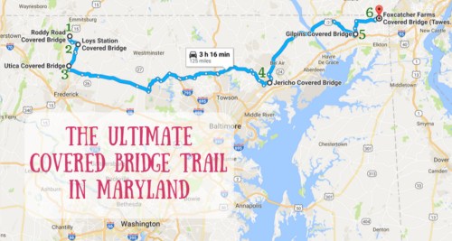 Map showing the Ultimate Covered Bridge Trail in Maryland, highlighting various covered bridges along the route.