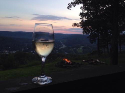 A glass of white wine in the foreground with a sunset view over hills and a small fire pit in the background.