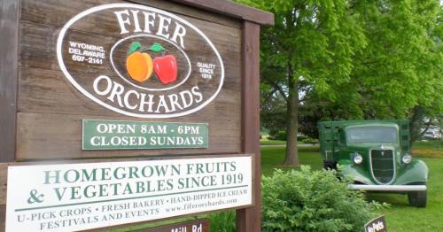 Sign for Fifer Orchards with details about hours and offerings, featuring a vintage green truck in the background.