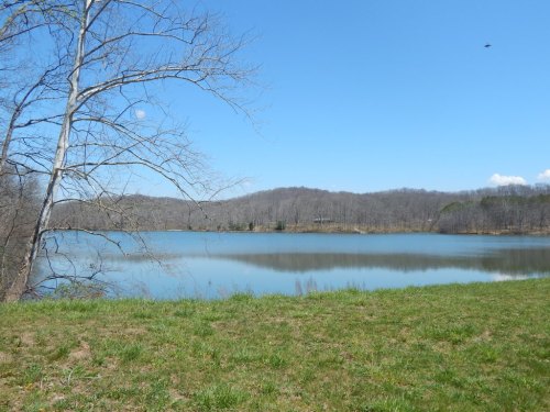 A serene lake surrounded by trees and hills under a clear blue sky, with green grass in the foreground.