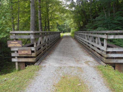A wooden bridge over a gravel path surrounded by trees, with warning signs on either side.