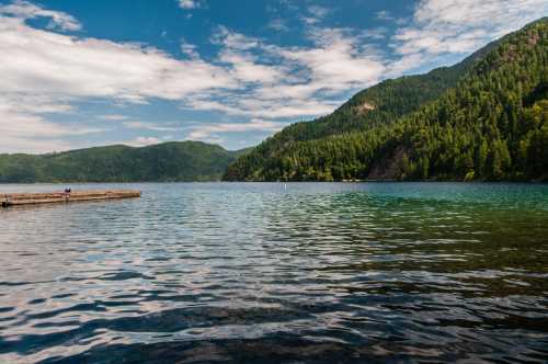 A serene lake surrounded by lush green mountains under a partly cloudy sky. A wooden dock extends into the water.