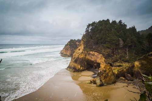A rocky coastline with cliffs, lush trees, and gentle waves under a cloudy sky.