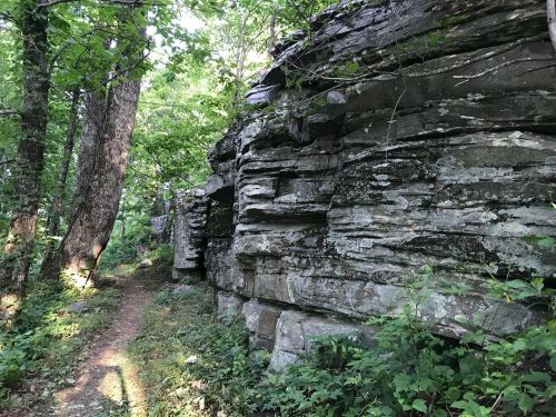 A narrow trail winds alongside a rocky outcrop, surrounded by lush green trees and foliage.