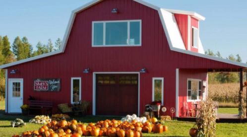 A red barn with a sign reading "Smet's Farm" surrounded by pumpkins and cornfields on a sunny day.