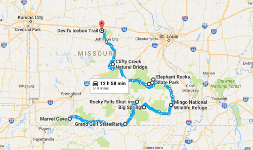 Map showing a route through Missouri, highlighting various parks and attractions, including Devil's Icebox Trail and Marvel Cave.