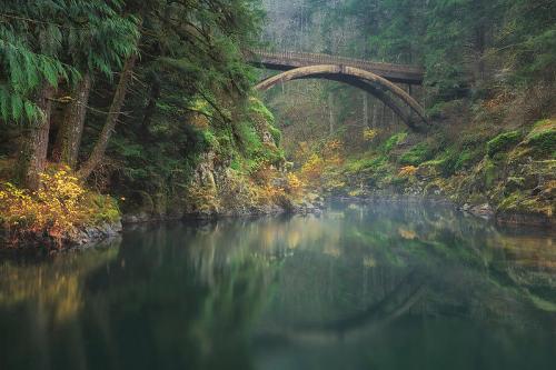 A serene river scene with a wooden arch bridge surrounded by lush green trees and autumn foliage reflecting in the water.