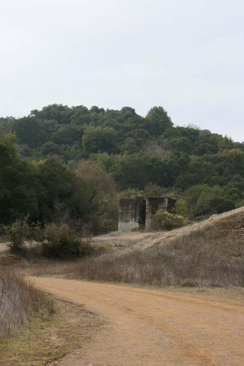 A dirt path leads through a grassy area with trees, featuring remnants of stone structures in the background.