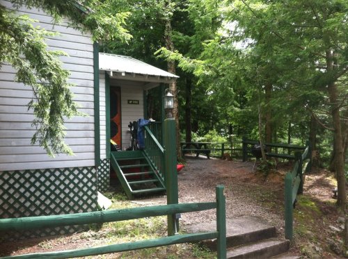 A rustic cabin surrounded by trees, featuring a porch, steps, and a lantern, with a gravel path leading to it.