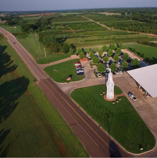 Aerial view of a rural area featuring a road, a white building, and a large sculpture surrounded by greenery.