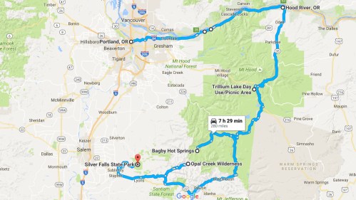 Map showing a route from Portland, OR, to Hood River, OR, including stops at Silver Falls State Park and Bagby Hot Springs.