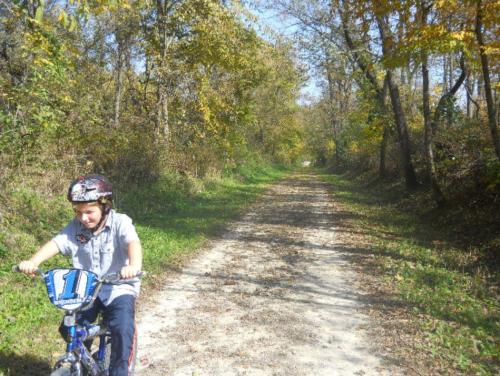 A child rides a bicycle on a dirt path surrounded by trees with autumn foliage.