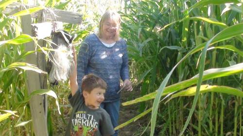 A woman and a child walk through a corn maze, surrounded by tall corn plants. The child is playfully holding a sign.