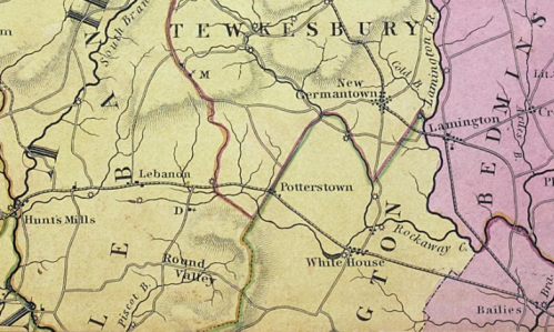 A historical map showing Tewkesbury, New Germantown, Potterstown, and surrounding areas with roads and landmarks.
