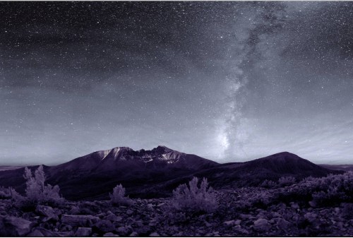 A panoramic view of mountains under a starry night sky, with the Milky Way visible, in shades of purple and gray.