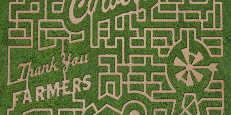 Aerial view of a corn maze featuring the words "Thank You Farmers" and a decorative design on green grass.
