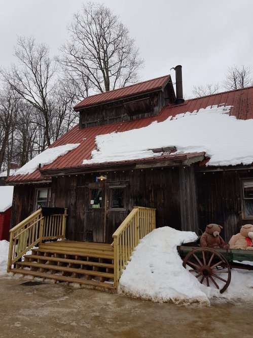 A rustic wooden cabin with a red metal roof, surrounded by snow and trees, featuring a wooden staircase and a wagon.