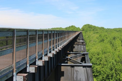 A long, elevated bridge with a metal railing, overlooking lush green trees and a clear blue sky.