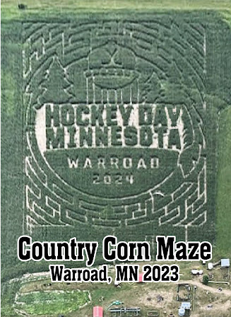 Aerial view of a corn maze featuring "Hockey Day Minnesota" and "Warroad 2024" in Warroad, MN, 2023.