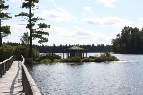 A serene lake scene with a wooden walkway, gazebo on an island, and lush trees under a partly cloudy sky.