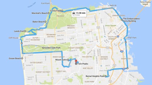 Map showing a scenic route in San Francisco, highlighting landmarks like Golden Gate Park and Twin Peaks.