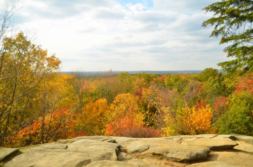 A scenic view of vibrant autumn foliage from a rocky overlook under a cloudy sky.