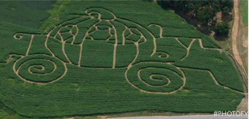 Aerial view of a cornfield maze shaped like a pumpkin carriage, surrounded by lush green crops.