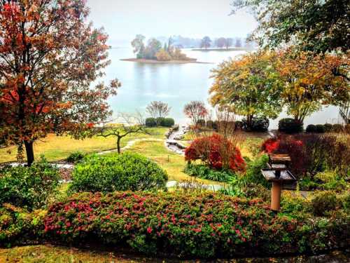 A serene lakeside view with colorful autumn foliage and a small island in the distance, reflecting on the water.