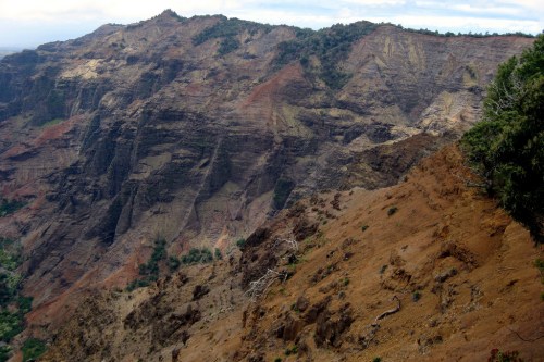 A panoramic view of rugged, multicolored mountain ridges under a cloudy sky.