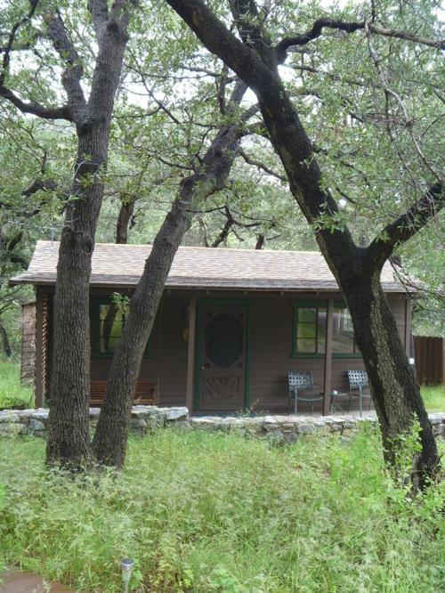 A small cabin surrounded by trees and tall grass, featuring a front porch and two chairs.