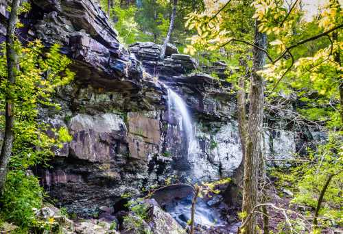 A serene waterfall cascades over rocky cliffs, surrounded by lush green trees and vibrant foliage.