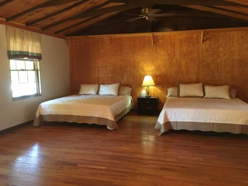 A cozy room with two double beds, wooden walls, and a lamp on a nightstand, featuring a warm, inviting atmosphere.