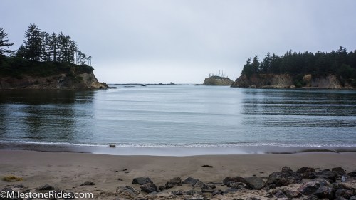 A serene coastal scene with calm waters, rocky shore, and misty trees in the background under a cloudy sky.
