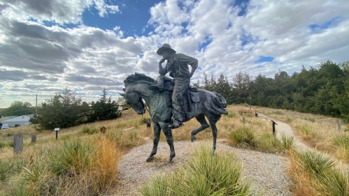 A bronze statue of a cowboy on horseback, set against a cloudy sky and surrounded by tall grass and trees.