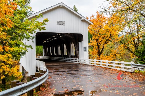A white covered bridge surrounded by vibrant autumn foliage and a wet road reflecting the colorful leaves.