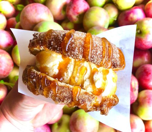 A hand holding a caramel-drizzled ice cream sandwich made with cinnamon sugar pastries, set against a backdrop of apples.