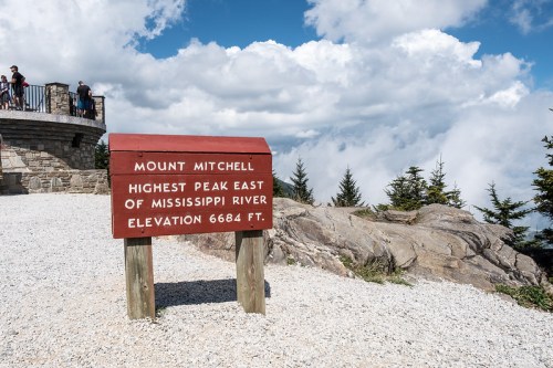 Sign at Mount Mitchell, the highest peak east of the Mississippi River, with an elevation of 6,684 feet.