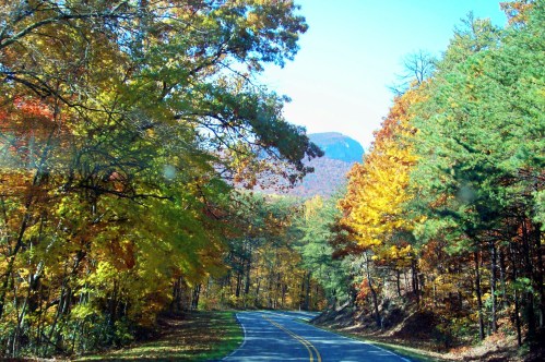 A winding road surrounded by vibrant autumn foliage and distant mountains under a clear blue sky.
