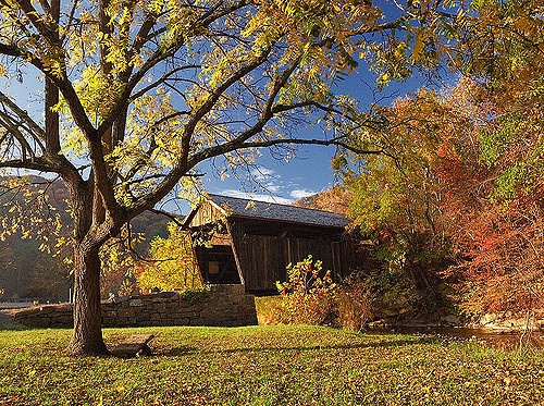 A scenic view of a covered bridge surrounded by vibrant autumn foliage and a clear blue sky.