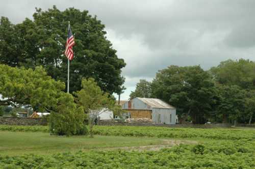 A rural scene featuring a flagpole with an American flag, a barn, and lush greenery under a cloudy sky.