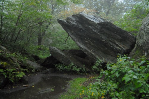 A large rock formation tilted over a small stream, surrounded by lush greenery and misty trees.