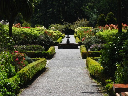 A serene garden pathway lined with lush greenery and colorful flowers, leading to a central fountain.